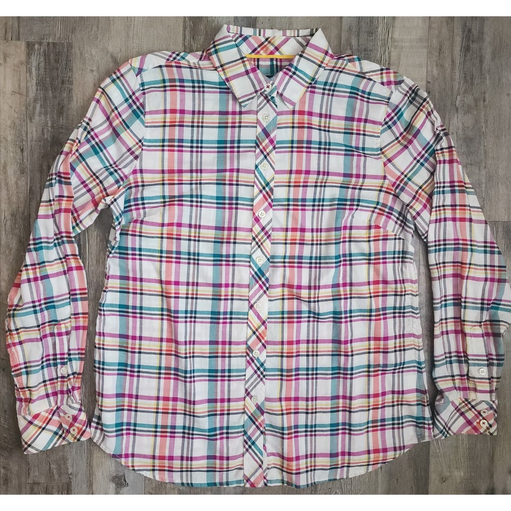 Talbots Plaid Button Down Shirt Womens Petite Medium* White Cotton Long Sleeve